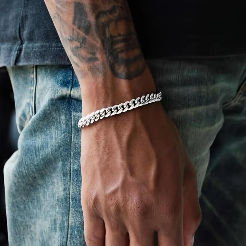 1pc Men's Stainless Steel Curb Cuban Link Chain Bracelets Zircon Gift