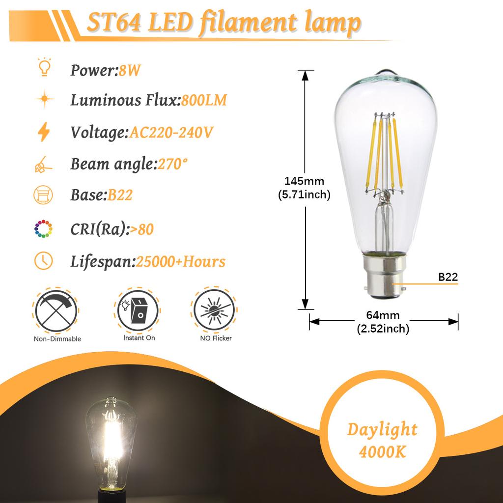 6PCS LED Filament Light Bulb Retro Edison E27 E14 B22 4000K 2700K 220V A60 G45 C37 Vintage Ampoule Incandescent Bulb Edison Lamp