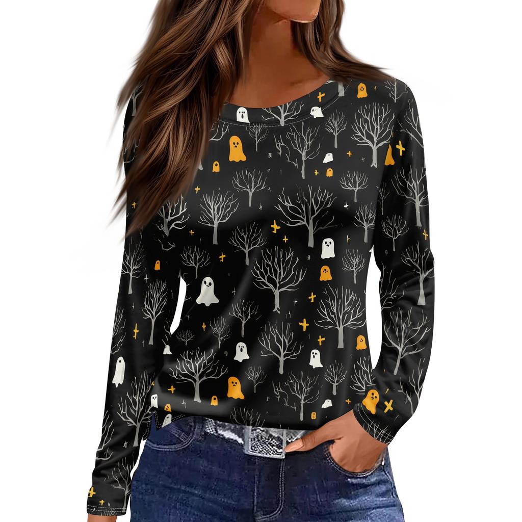 Women's Fashion Long Sleeve Neck Top with Hem Slit Halloween Print for Party