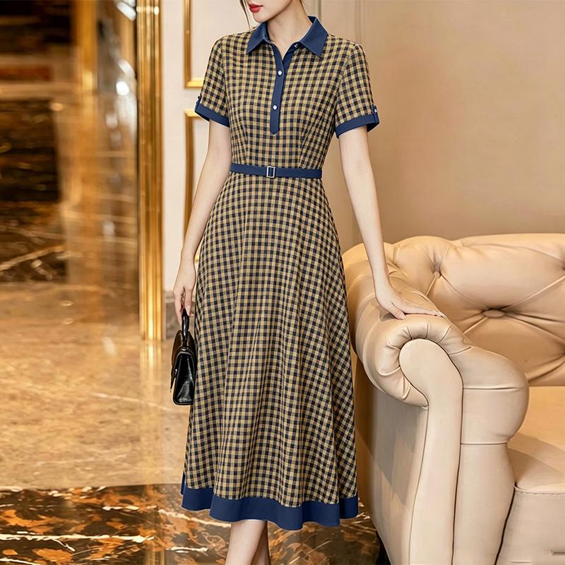 ZANZEA Women Casual Turn Down Collar Grid Print Short Sleeve Long Dress