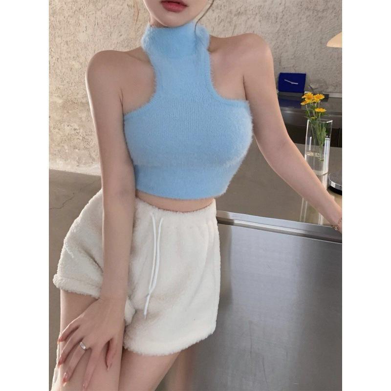 Mink Velvet Hot Girl Halter Crop Top: Sleeveless, High-Neck, Two-Wear Inner Vest for Spring & Autumn.