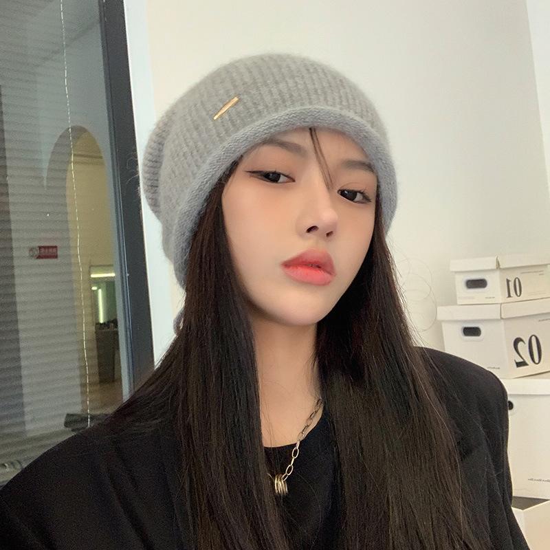 White Plush Hat for Women Rabbit Wool Knitted Pile Hat Autumn and Winter Wool Baotou Confinement Cold Hat