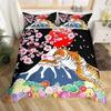 Japanese Ukiyoe Bedding Set White Fox Blossoms Floral Duvet Cover Polyester Galaxy Exotic Animal Comforter Cover Twin Queen Size