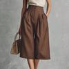 Calças Culotte Femininas de Cintura Alta com Pernas Largas, Fecho Duplo de Botão e Design Plissado, Calças Curtas Casuais de Corte Amplo