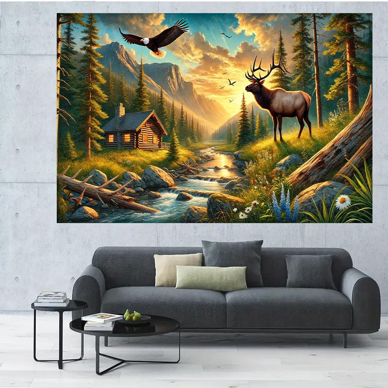 1 piece Natural Forest Deer Stream polyester photo backdrop party banner flag birthday supplies.PMJ