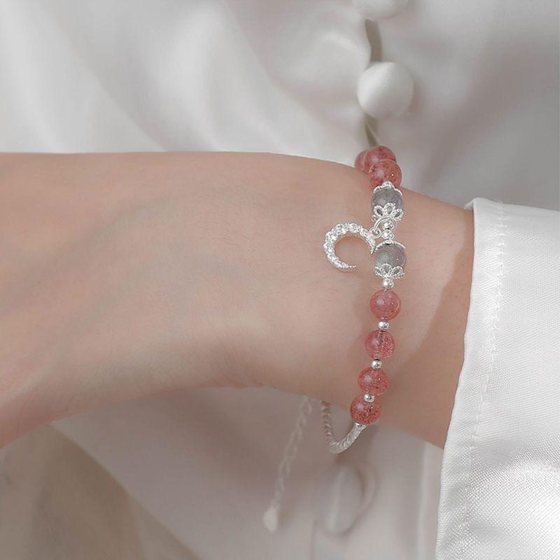 Moonstone Strawberry Crystal Bracelet Women's Sterling Silver Korean Edition Student Simple Personality Pink Bracelet Star Moon Jewelry
