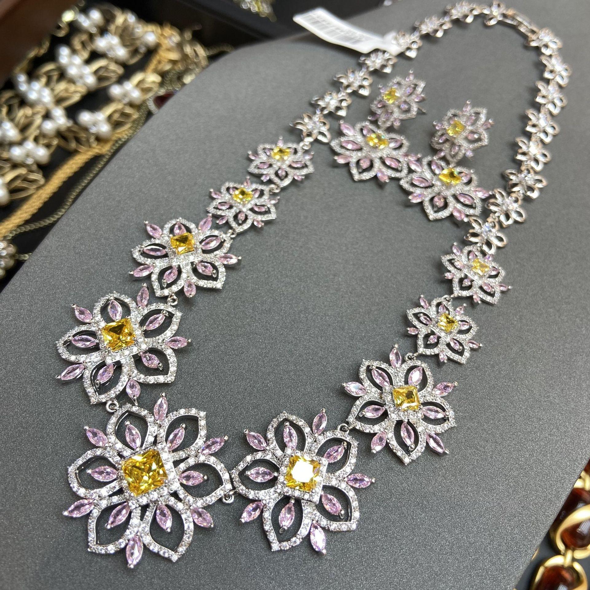 

Роскошные аксессуары Розовое цветочное ожерелье женское вечернее свадебное платье инкрустированное цирконием большие серьги-цветы ювелирные изделия