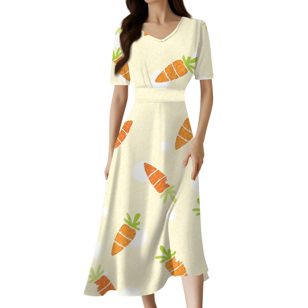 Ladies Casual Fashion Gradient Print V-Neck Short Sleeve Waist Long Swing Dress