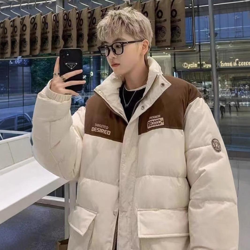 

Cotton-padded Men s Winter Thick Contrast Color Couple Bread Clothes New Handsome Collar Cotton-padded Jacket XXL