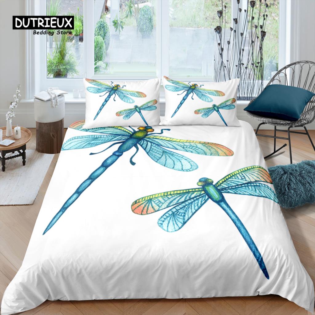 Home Living Luxury 3D Dragonfly Print Bedding Set Flower Duvet Cover Pillowcase Queen and King EU/US/AU Size Polyester Bedding