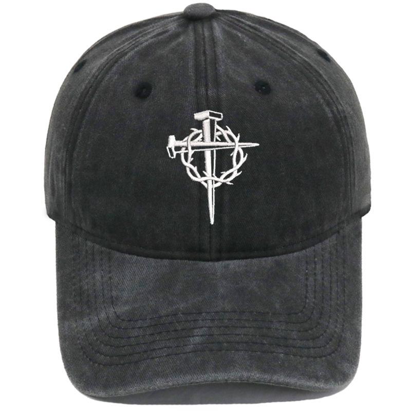 Vintage Washed Crown of Thorns Nail Cross Embroidery Baseball Cap Unisex Adjustable Curved Brim Dad Hat Casual Outdoor Sun Hat