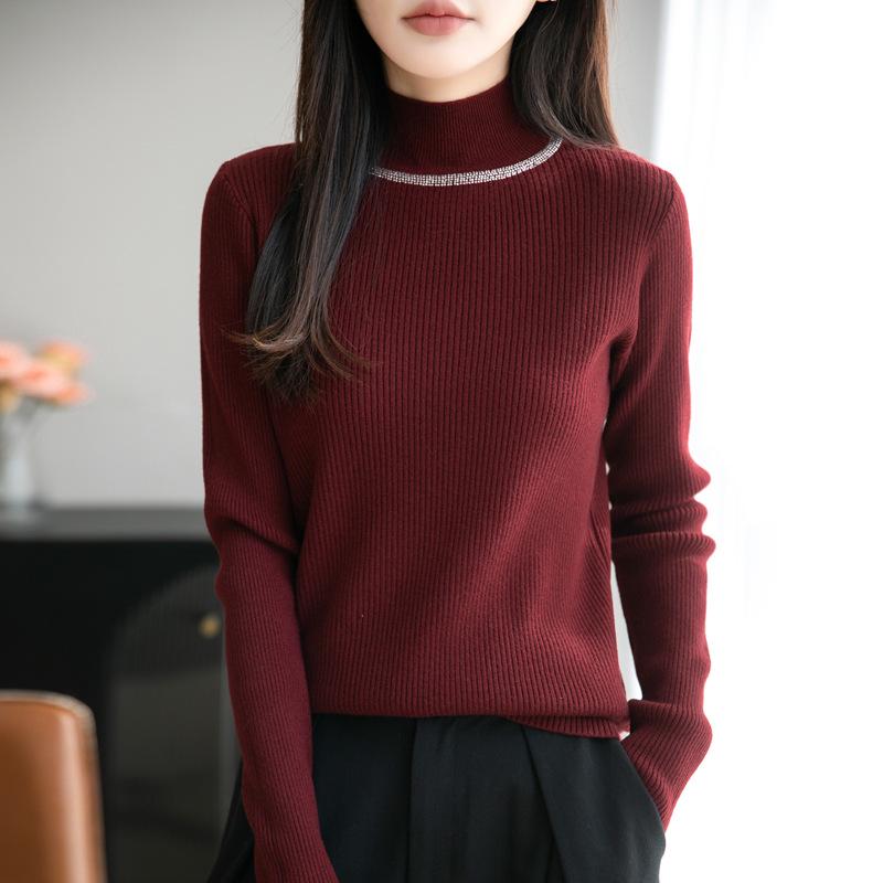 2026 Rhinestone High Neck Slim Fit Women's Knitwear Sweater - Chic Autumn Winter Base Layer