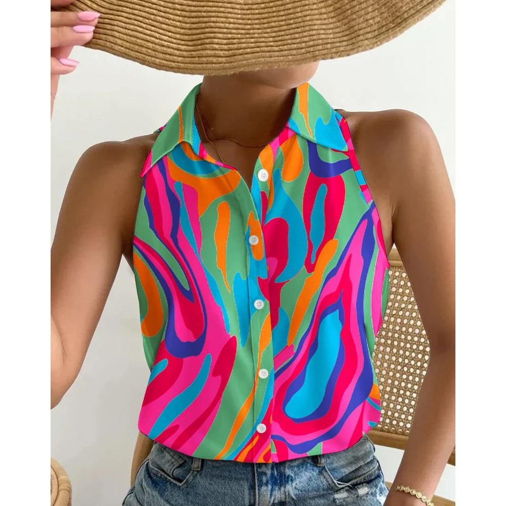 Women's Summer Casual Fashion Strapless Sleeveless Abstract Print Shirt