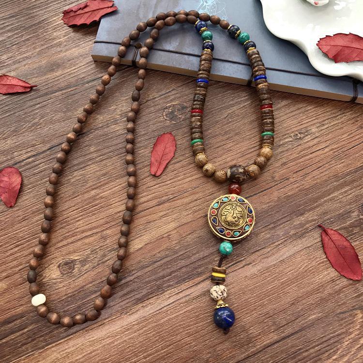 Colier lung etnic retro nepalez cu aripi de pui din lemn și margele Bodhi - Accesoriu de modă unisex