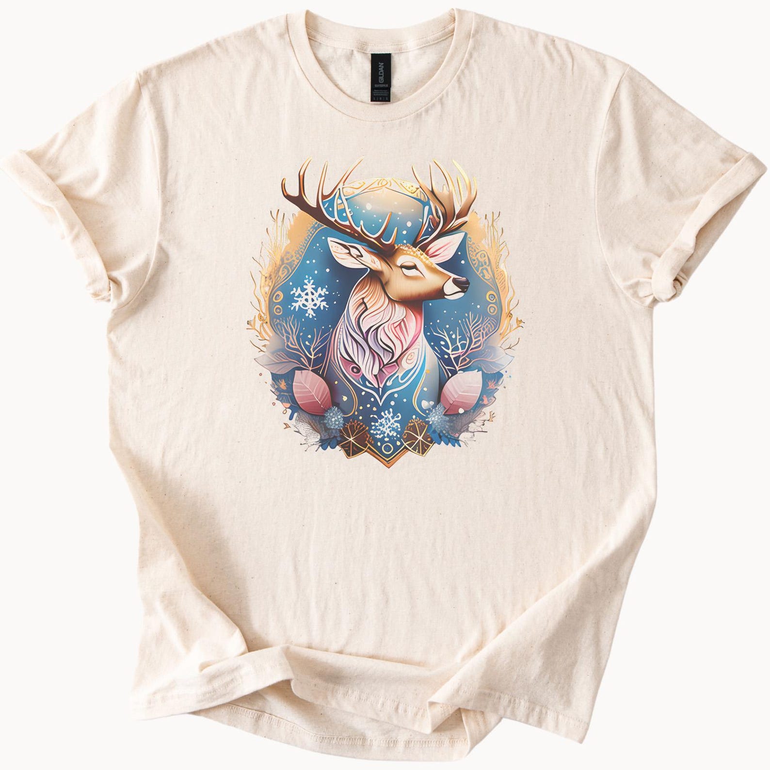 Snowy stag graphic shirt deer antlers mystical animal art winter forest blue gold print soft cotton tee woodland creature 160