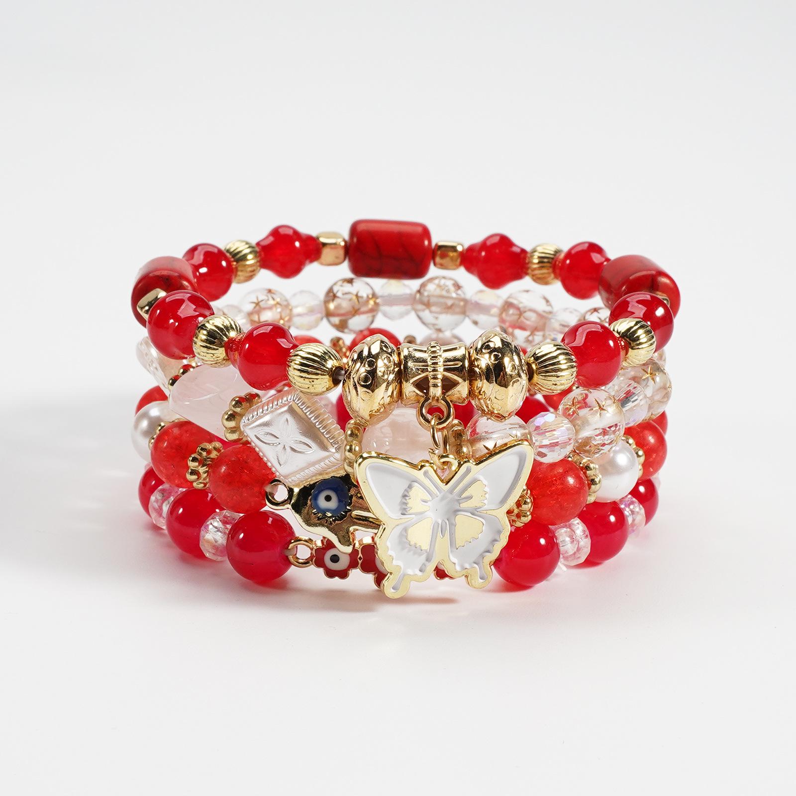 Trendy Multi-Layer Beaded Bracelet with Butterfly Eye Crystal Design красный