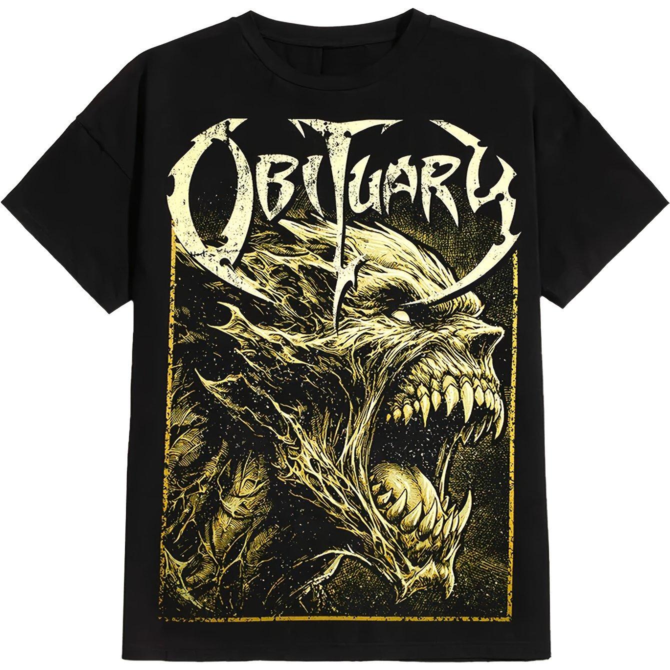 

Men s Obituary Pattern T-Shirt - Black Cotton Crew Neck T-Shirt with Bold Rip Print Loose Fit Casual Streetwear S