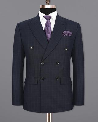 Gunmetal Blau Dezentes Karomuster Zweireihiger Blazer