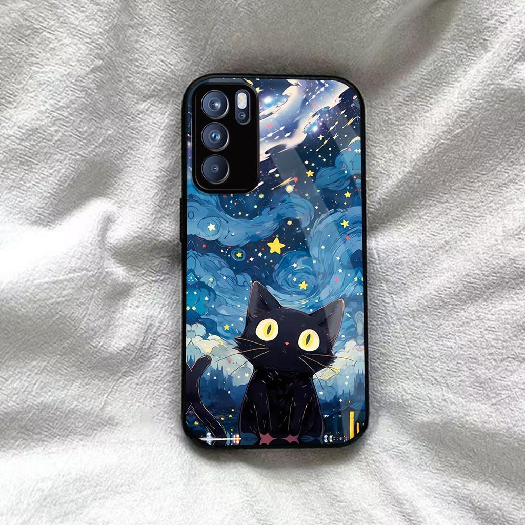 Case for OPPO Reno6 5G Anime Black Cat Starry Cloud Print Phone Cover Acrylic Hard Back Shell With Flexible TPU Edge