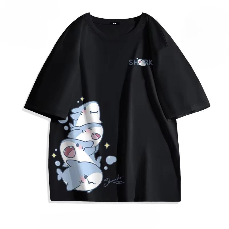 2025Summer Ice Silk Blue Top Youth Breathable Half Sleeve Large Loose Tee Men's Cute Shark Cartoon Print Short Sleeve T-shirt