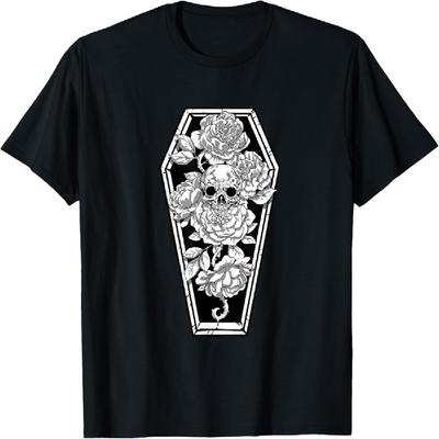 Gothic Schädel und Rose Shirt Gruseliges Halloween Sarg Okkultes T-Shirt