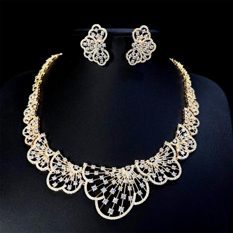 Fashionable Zirconia Necklace and Earring Set Featuring Gold Plating Accessory for Formal Event and Parties Supplies