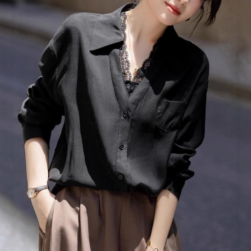 Women Elegant Lace Trim V Turn Down Collar Long Sleeve Solid Color Commute Shirt S