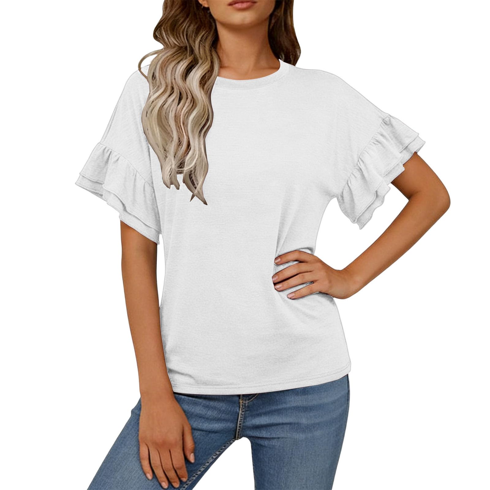 

Women s Fashionable Loose-Fit Ruffled Short-Sleeve Top XL білий