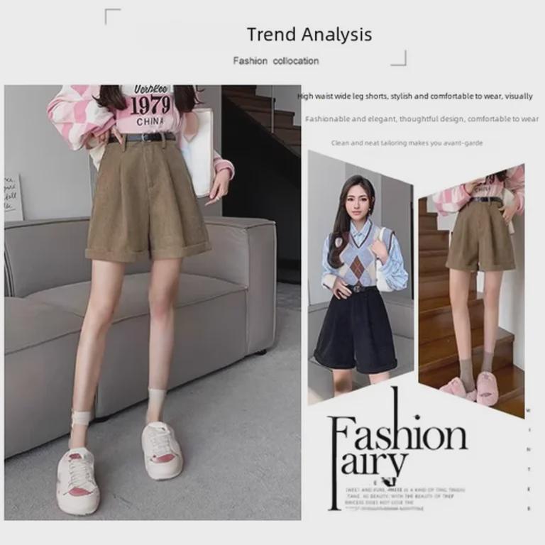 Pantaloni scurți din velur maro cu talie înaltă de damă - linie A cu picioare late pentru slăbire, perfecti pentru toamna/iarna 2023