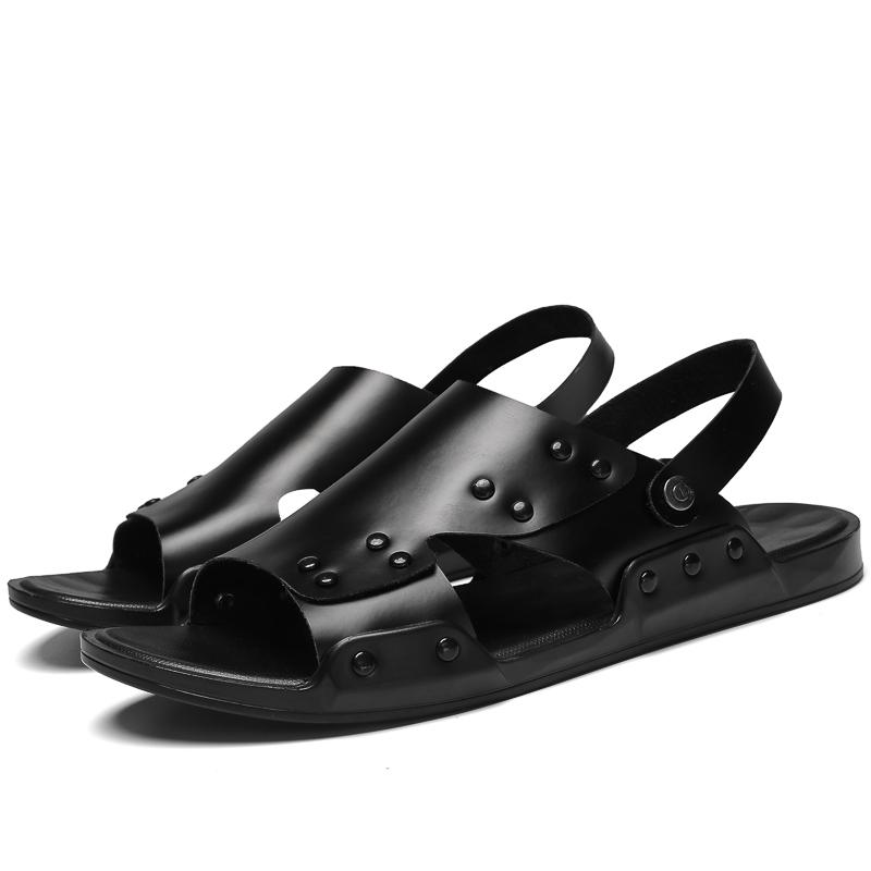 Summer Men's Genuine Leather Sandals Fashionable High-quality Flat Shoes Outdoor Breathable Casual Shoes Black Beach Slippers