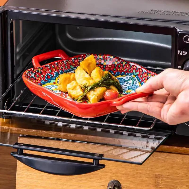 Hand-painted Bohemian Ceramic Baking Dish Square with Handles For Pasta and Desserts Suitable for Oven and Microwave.