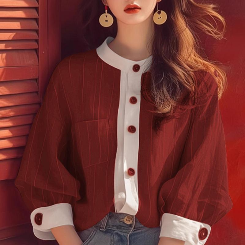 

ZANZEA Женская повседневная блузка в полоску с круглым вырезом и рукавом 3/4 M темно-красного