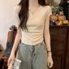 Versatile V-neck design sense waist thin short-sleeved cotton T-shirt women's summer temperament short irregular inner shoulder top