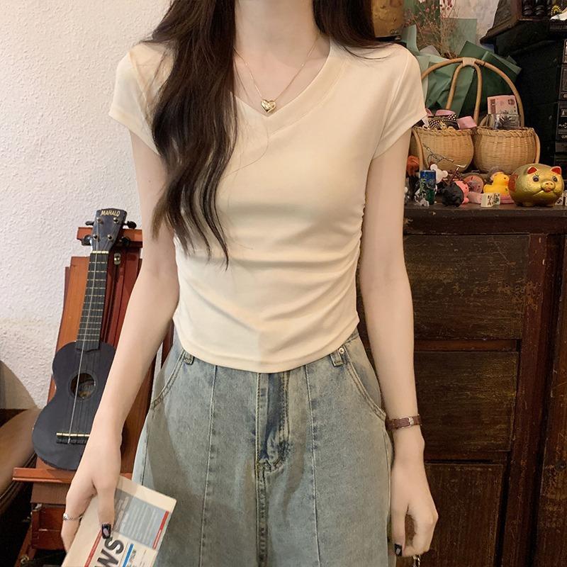 Versatile V-neck design sense waist thin short-sleeved cotton T-shirt women's summer temperament short irregular inner shoulder top