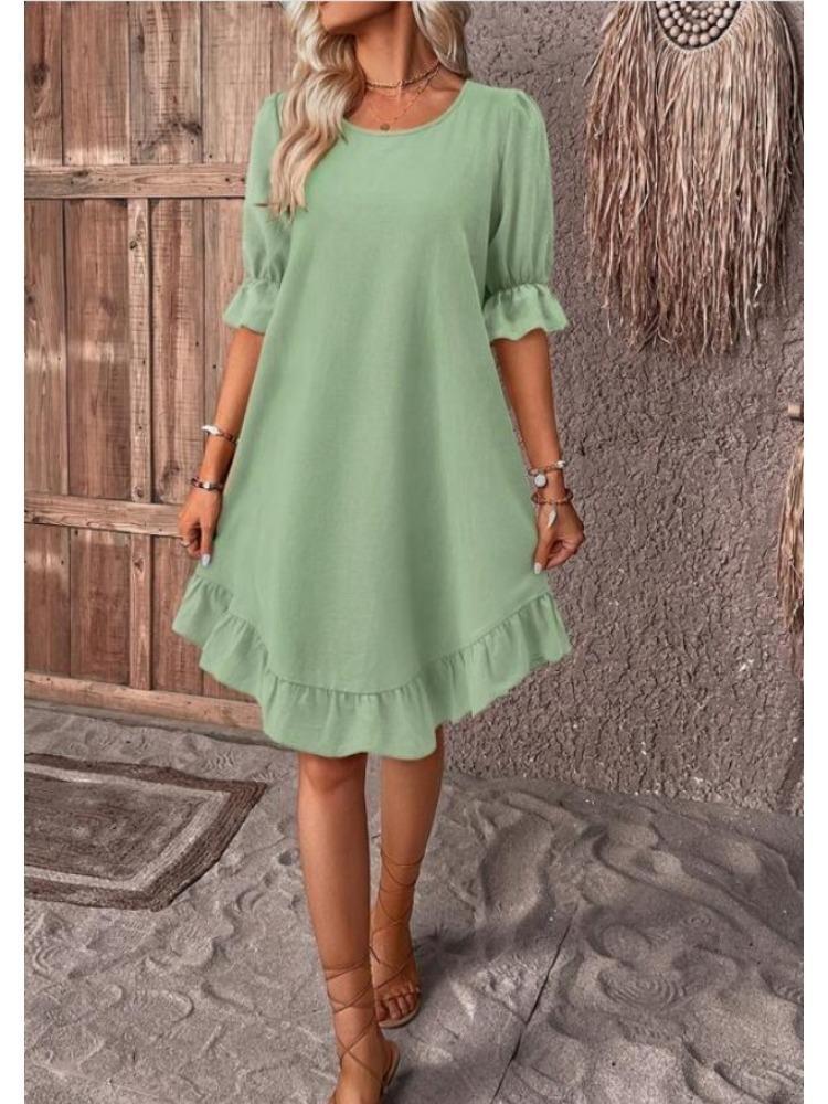 Women Retro Cotton Hemp Loose Swing Dress Spring Summer Solid Color Round Neck Mid Sleeve Large Size