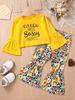 Girls Fashion Spring Autumn 2 Piece Sets Long Sleeve Letter Flared Cuff Pullover Top Flower Leopard Print Flared Pants Outfit