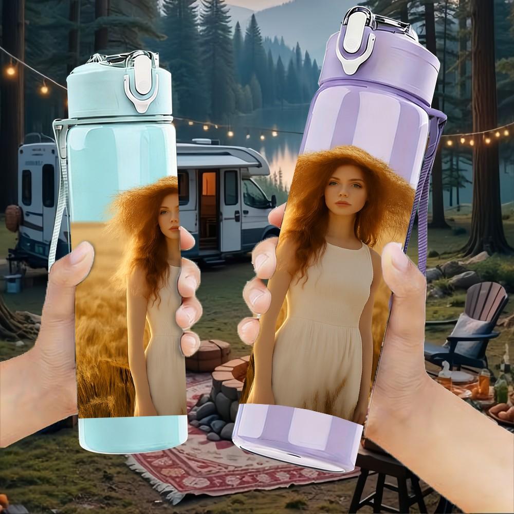 1PC Lady Wheat Field Back View Portrait 750ml Color Plastic Sports Water Bottle Leakproof Flip Straw Lid Suitable for Sports Office Home Use