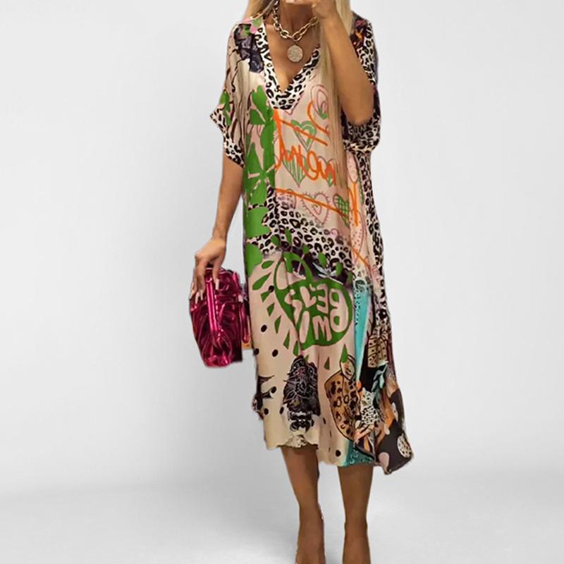 

Новая летняя женская одежда Элегантное и модное платье макси с V-образным вырезом и принтом 3XL зелёный