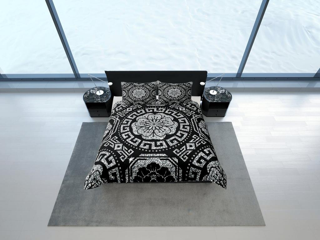 Luxury Duvet Cover, Black & Silver Bedding Set, Mandala Bedroom Set, Bohemian Bedspread, Custom Size Duvet, Modern Blanket Cover