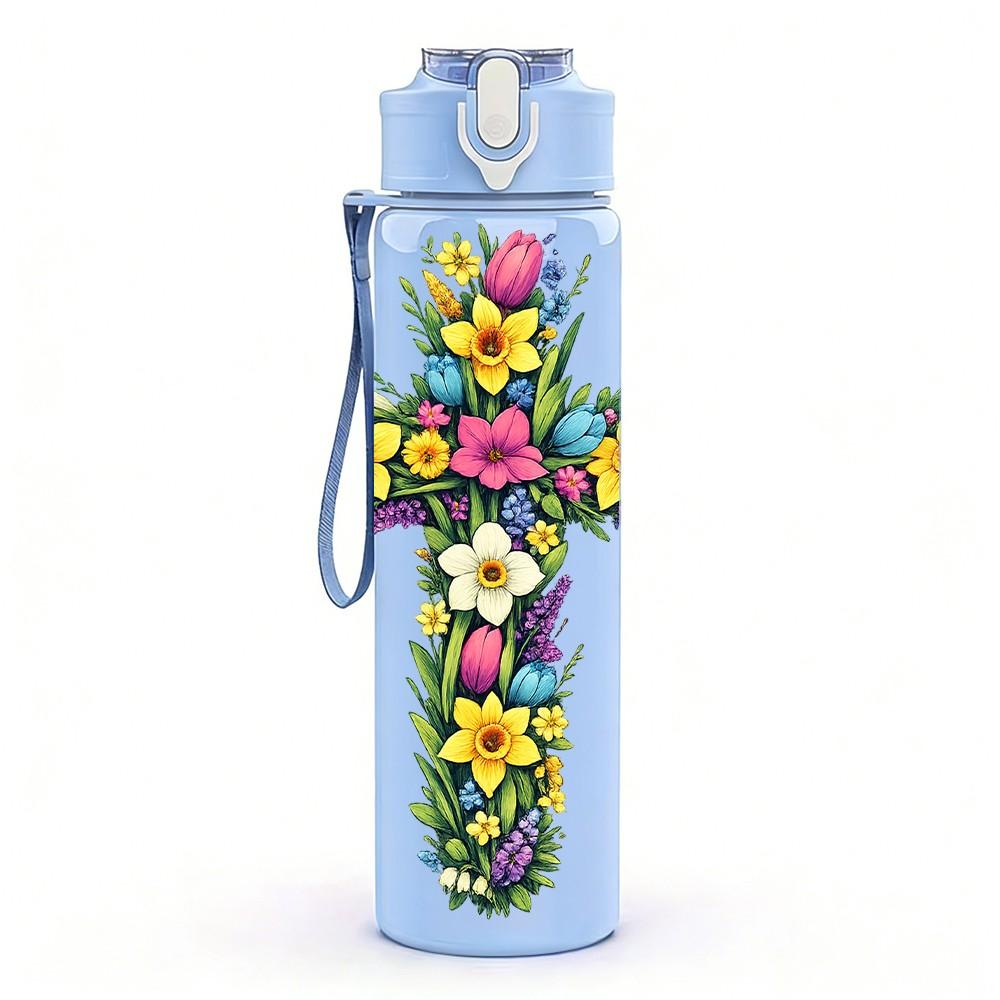 1PC Cross Flower Religious Decor Print 750ml Color Plastic Sports Water Bottle Leakproof Flip Straw Lid Suitable for Sports Office Home Use
