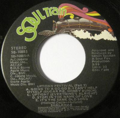 Płyta 7-calowa SHALAMAR - Uptown Festival Part 1 & Part 2 SB10885 Soul Train 1977 Kanada Soul/Funk Używana