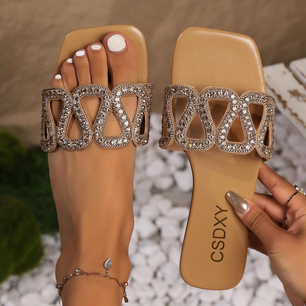 Rhinestone flat-bottomed slippers women's square head one pedal home slippers foreign trade large size FlatSlippers