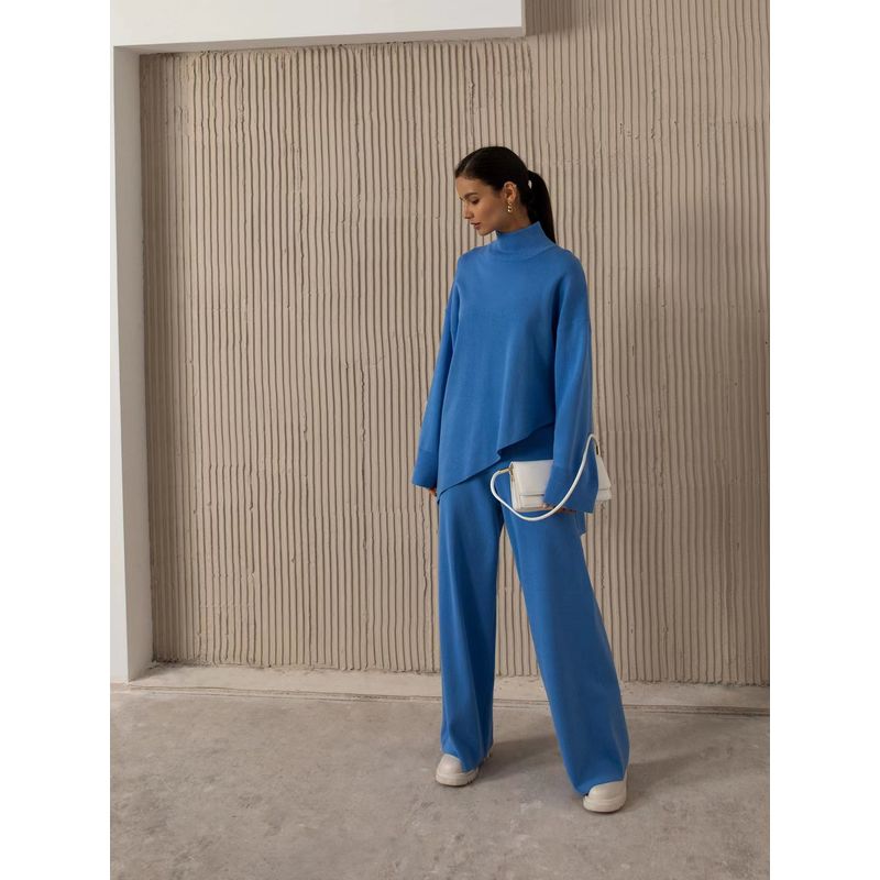 

Fashion Wind Turtleneck Asymmetric Hem Sweater Loose Pants Suit Wide Leg Pants Sweater Set Blue M