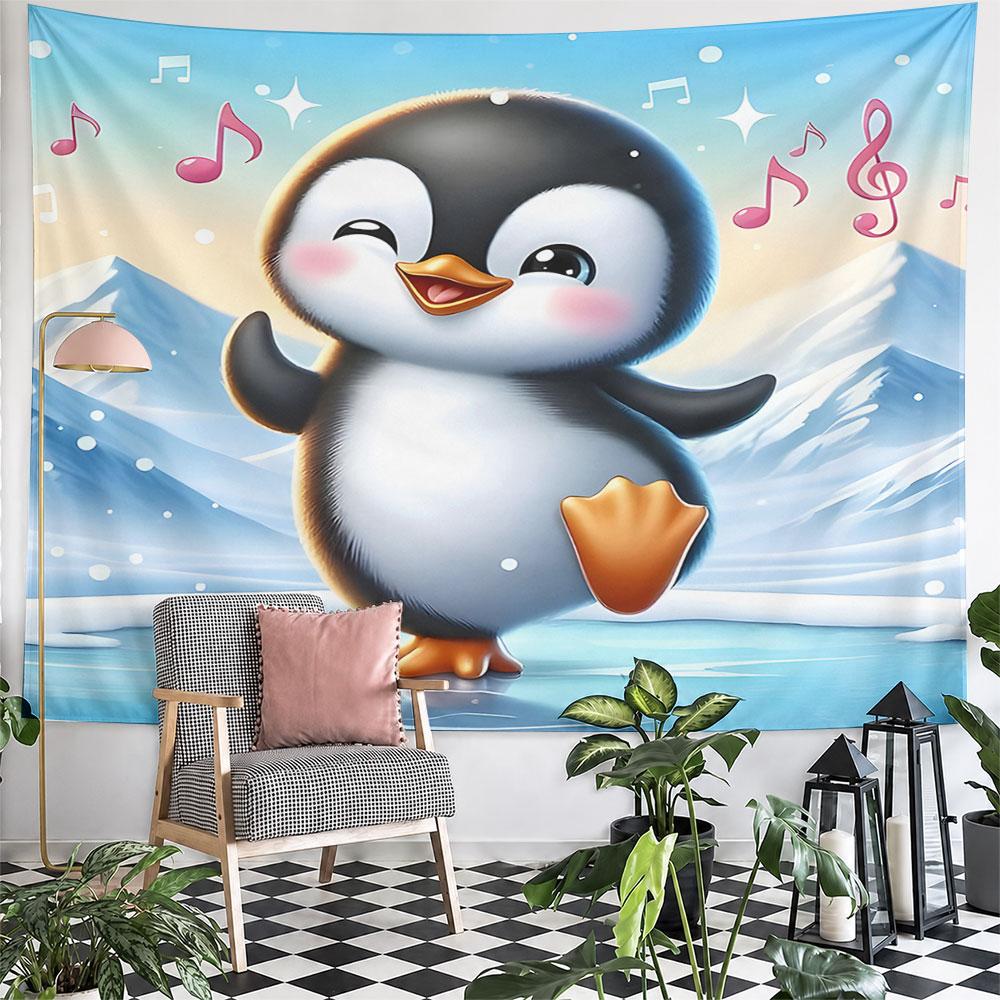 Dancing Penguin in Icy Landscape Pattern Wall Hanging Tapestry Decorative Tapestry Home Decor for Bedroom and Living Room