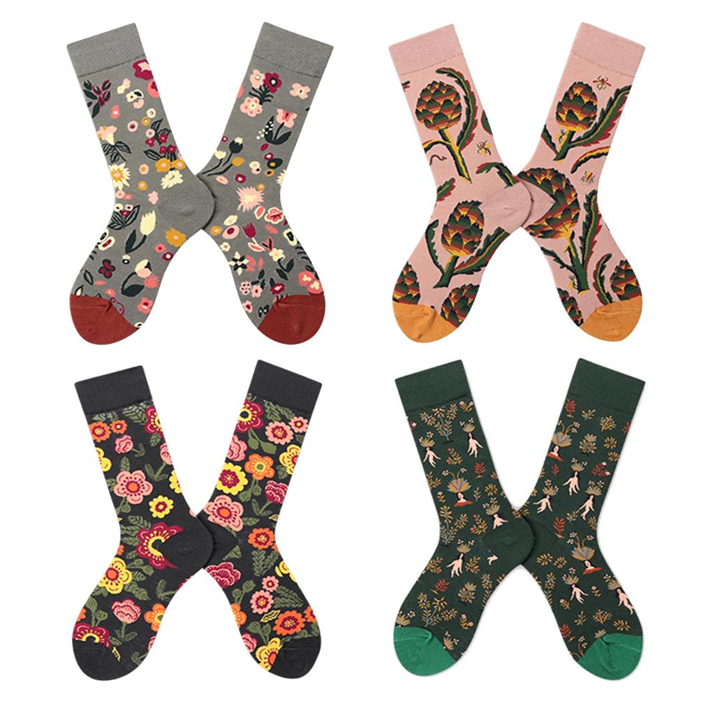 ETSMON Stylish and Unique Floral High Crew All Yukimatsu no Hana Pine Set of 4 Women's Crew-Length Socks, Design, Stretchy, Breathable, Print,