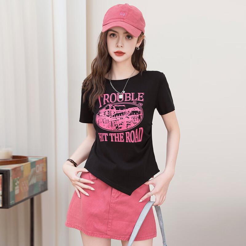French Box Design Letter Print Irregular Short Sleeve T-Shirt S