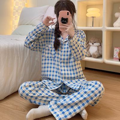 Simple Plaid Blue Striped Flower Print Winter Sleeping Pajamas Casual Outside Woman Pajamas Lapel Neck Button Nightwear