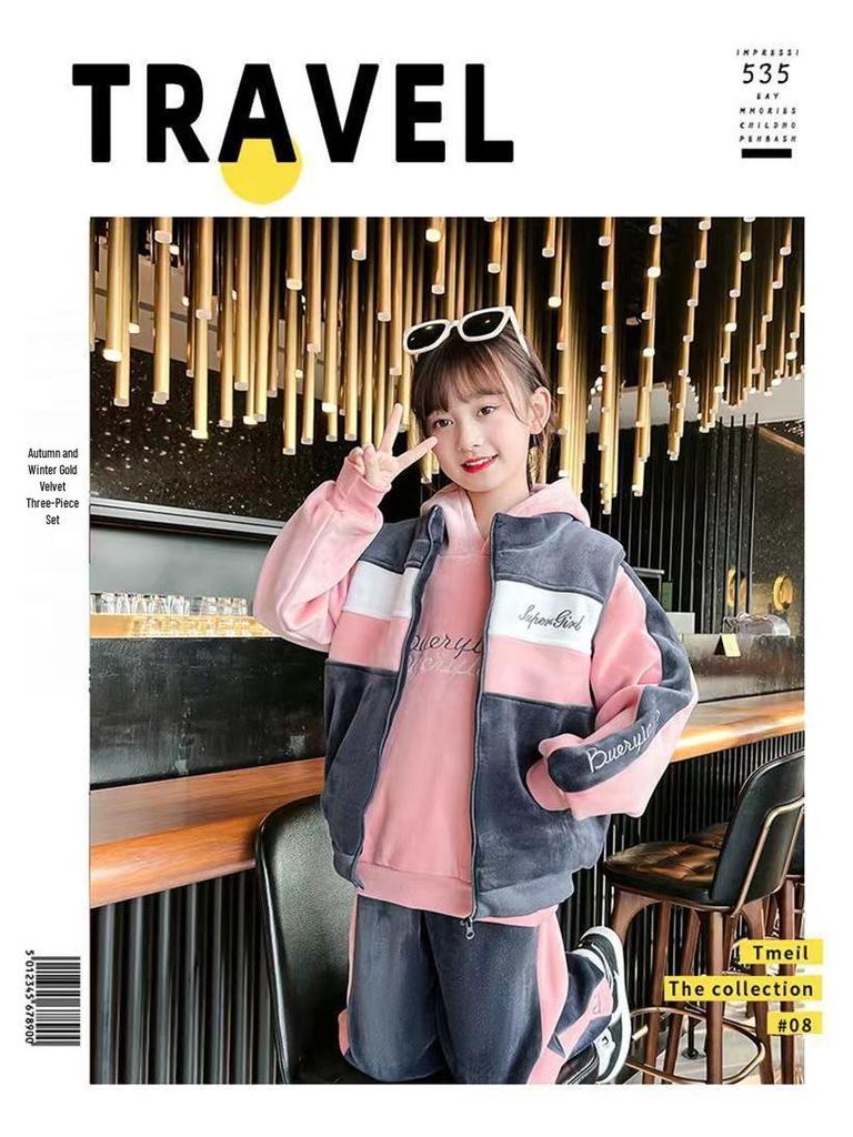 Girls' 2025 Spring/Autumn Stylish Three-Piece Sportswear Set for Big Kids