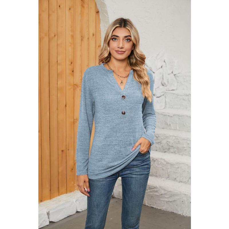 HNXC Bluzki i koszule damskie w swobodnym, jednolitym kolorze, z nadrukiem i długim rękawem, z dekoltem w serek