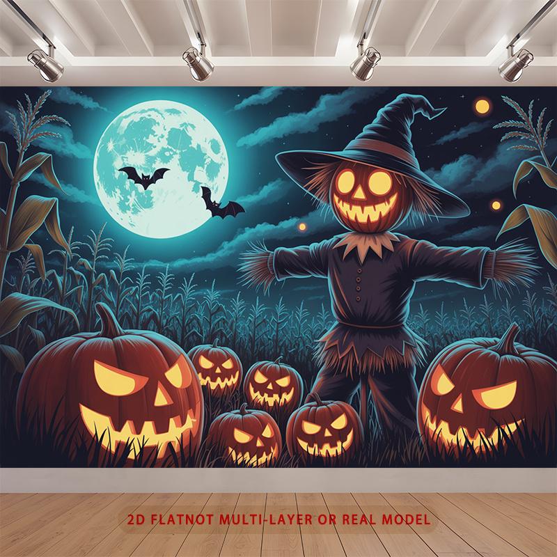Party Backdrop Halloween Flat Scary Pumpkin Scarecrow Multi Layered Celebrations Event Photo Background Front Door Decor